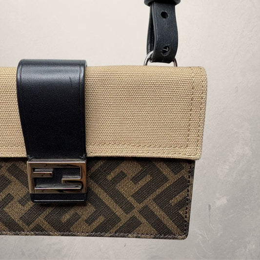Fendi Brown/Beige Jacquard Vitello Grace Pequin 1974 cross body bag
