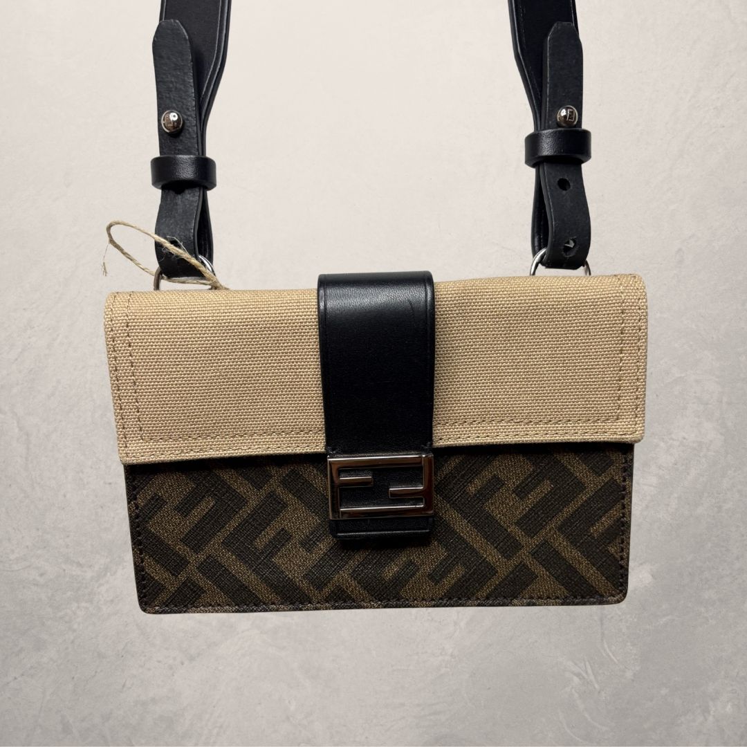 Fendi Brown/Beige Jacquard Vitello Grace Pequin 1974 cross body bag