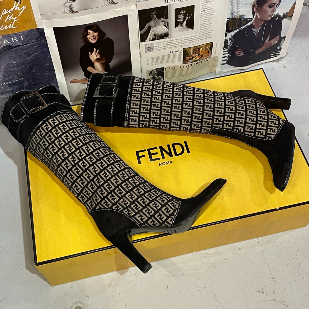 Fendi zwart beige suède monogram kniehoge laarzen 39