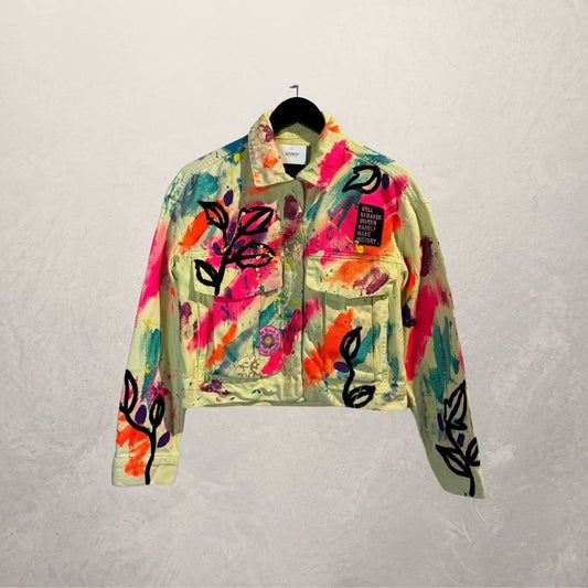 Festival yellow crop denim jacket Small- by M.a.r.r.art