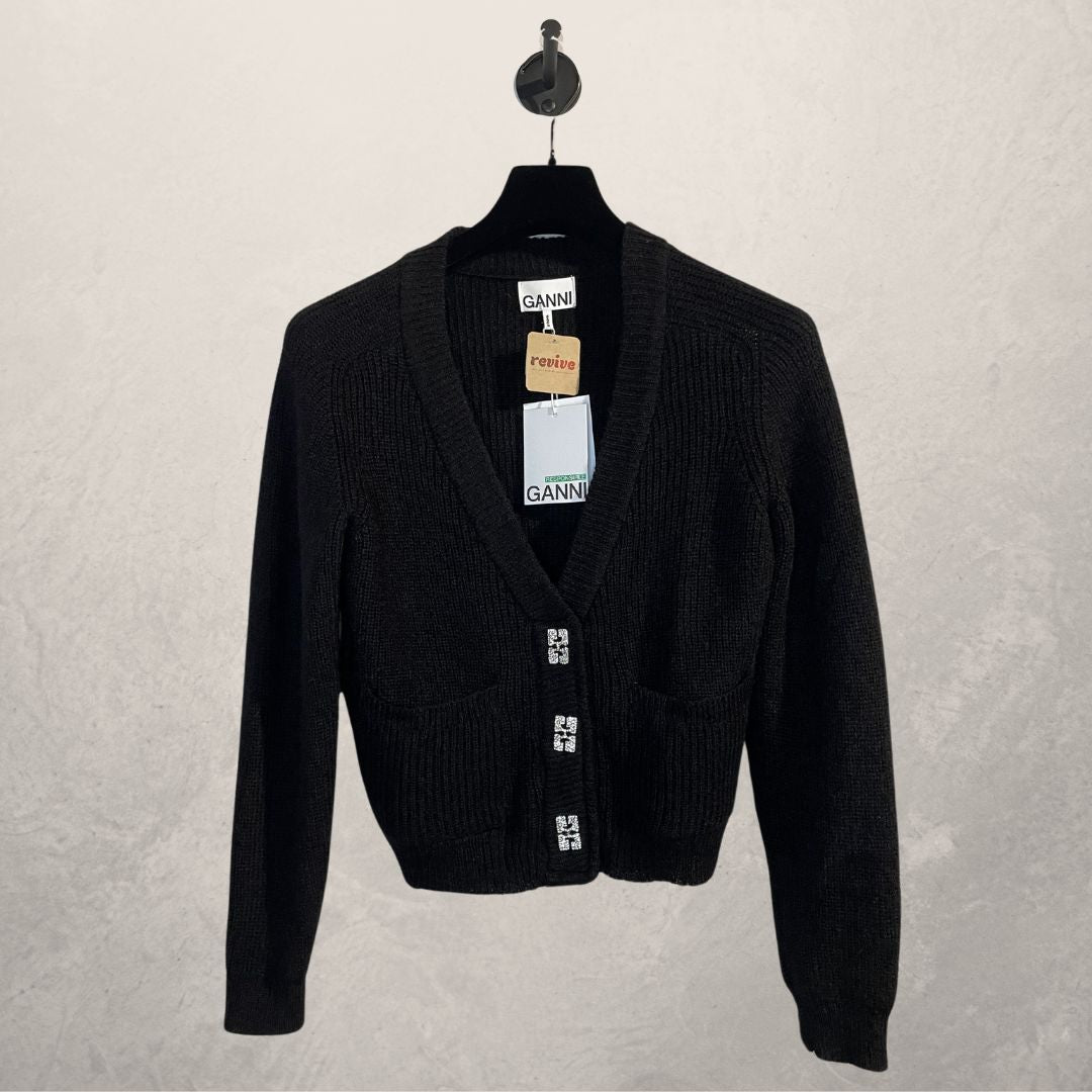 Ganni black 100% wool cardigan silver buttons S