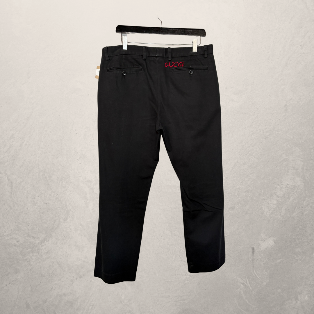 Gucci black 100% cotton red logo stitch trousers 48