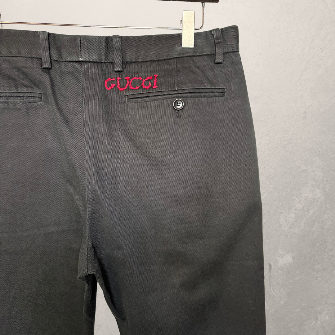 Gucci black 100% cotton red logo stitch trousers 48