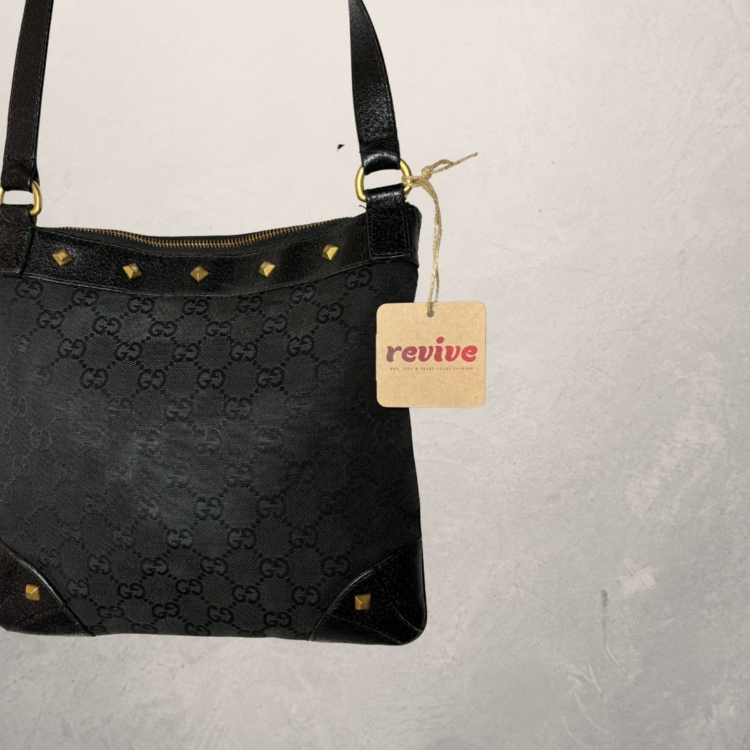 Gucci black GG canvas studded shoulder bag OS