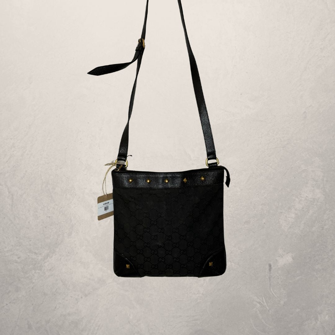 Gucci black GG canvas studded shoulder bag OS