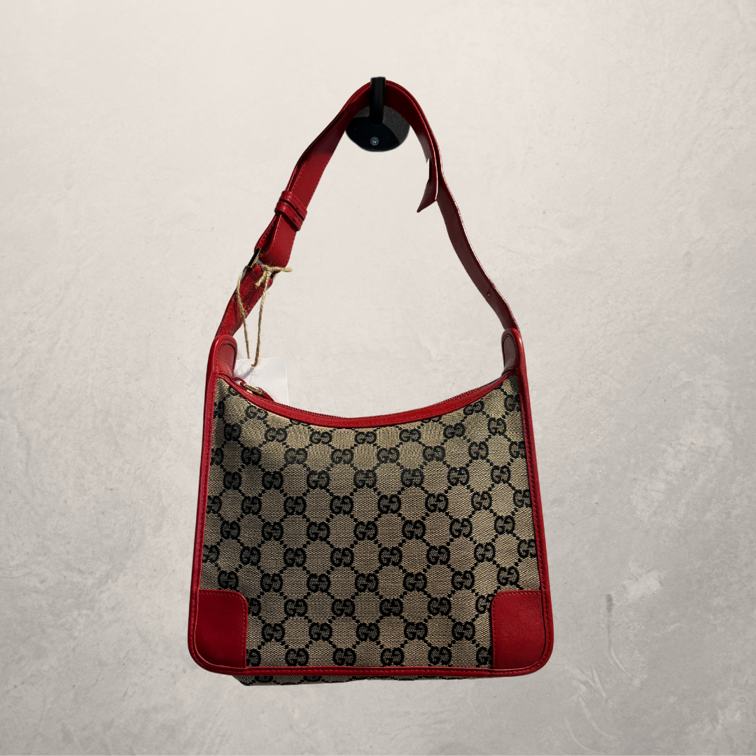 Gucci brown monogram canvas red leather handbag  -by RomaeStudios