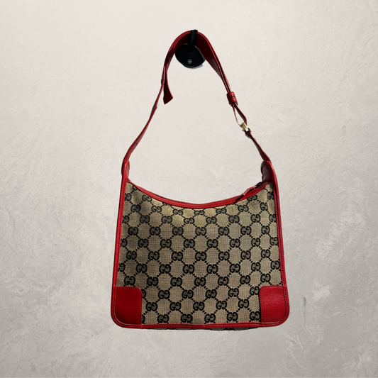 Gucci brown monogram canvas red leather handbag  -by RomaeStudios