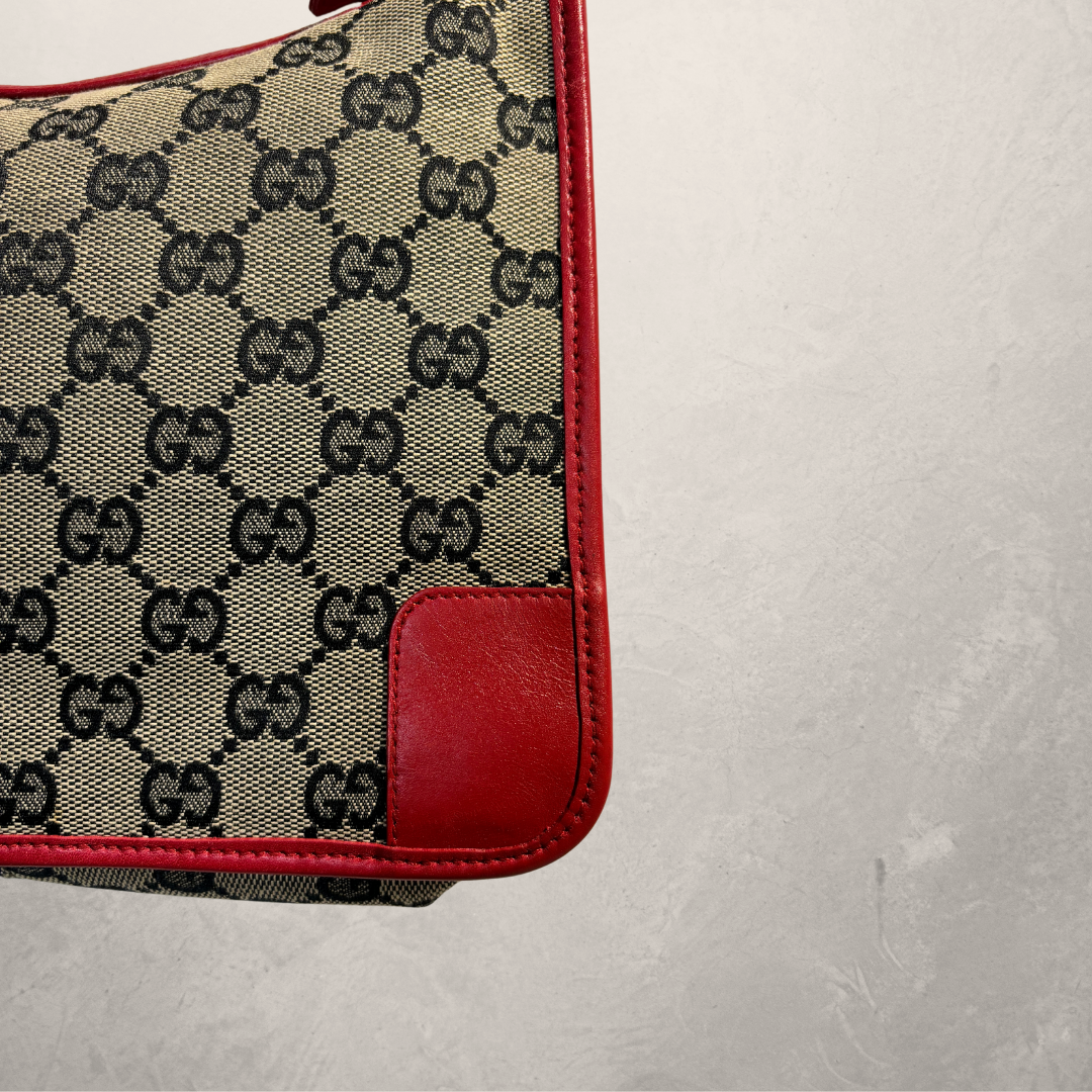 Gucci brown monogram canvas red leather handbag  -by RomaeStudios