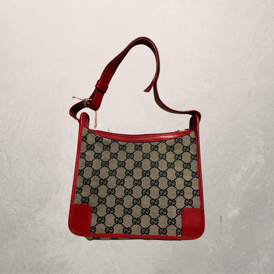 Gucci brown monogram canvas red leather handbag  -by RomaeStudios