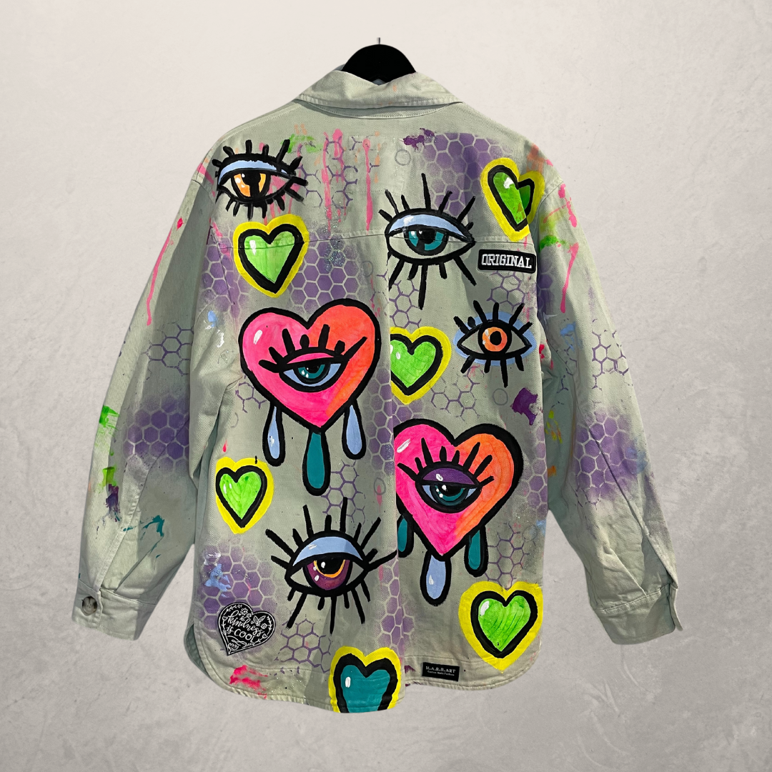 Happy Heart green denim jacket OS- By @M.a.r.r.art