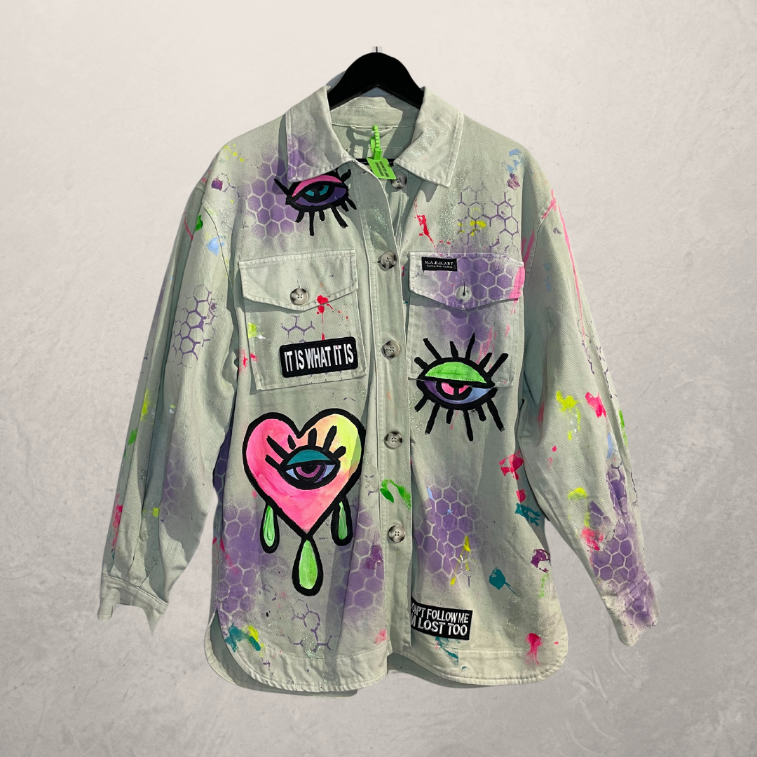 Happy Heart green denim jacket OS- By @M.a.r.r.art