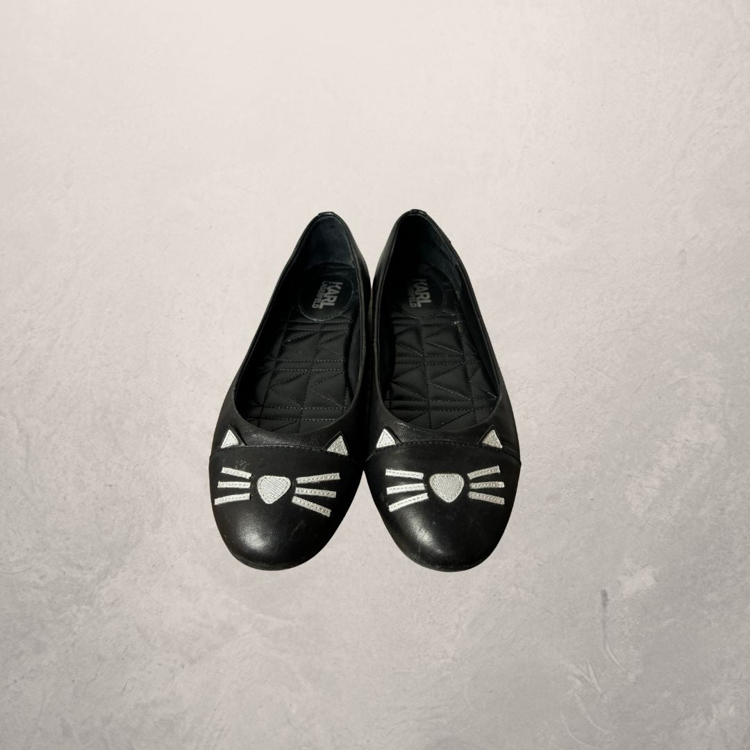 Karl Lagerfeld black leather cat-face ballet falts 39