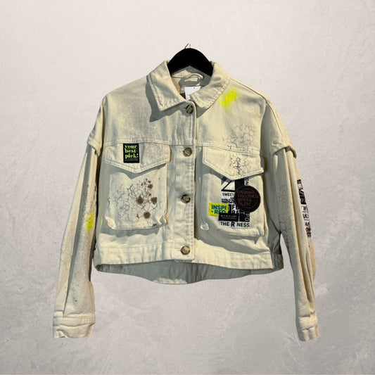 Light yellow patch crop denim jacket Medium- by M.a.r.r.art