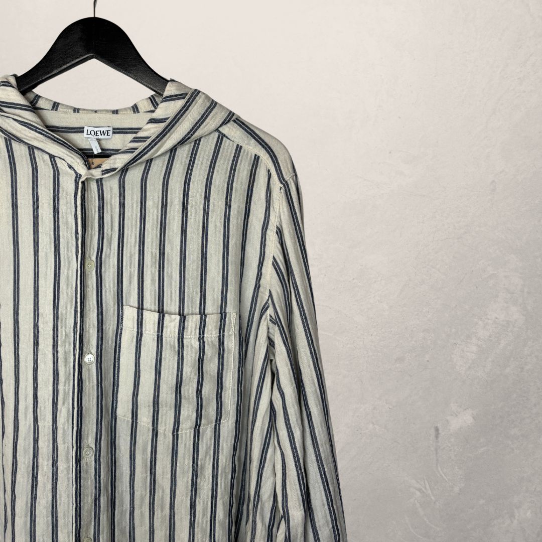 Loewe white/blue stripes hooded cotton shirt L