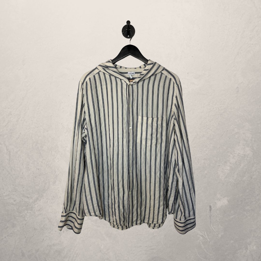 Loewe white/blue stripes hooded cotton shirt L