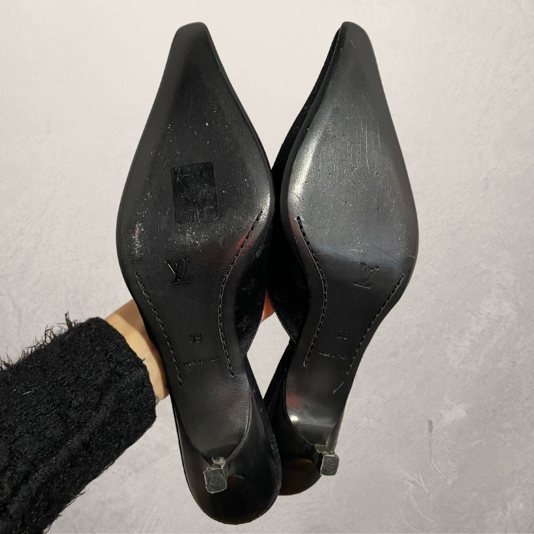 Louis Vuitton black satin monogram kitten heels 38/39