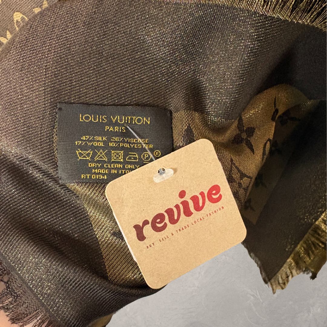 Louis Vuitton brown/ gold shine monogram 47% silk/ 17% wool scarf -145x145cm