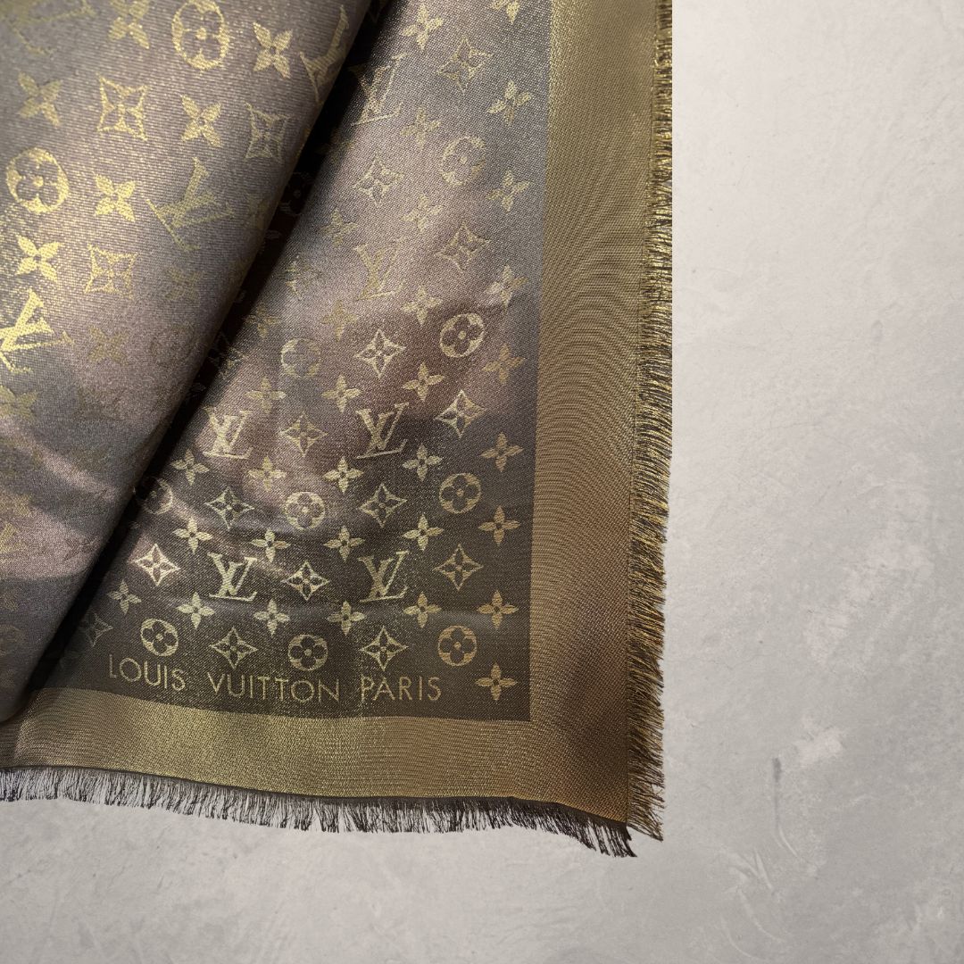 Louis Vuitton brown/ gold shine monogram 47% silk/ 17% wool scarf -145x145cm