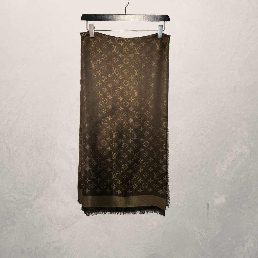 Louis Vuitton brown/ gold shine monogram 47% silk/ 17% wool scarf -145x145cm
