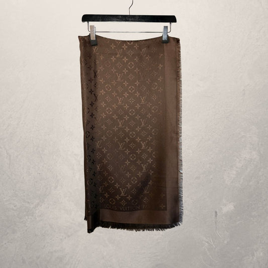 Louis Vuitton brown monogram 60% silk/ 40% wool fringe scarf -145x145cm
