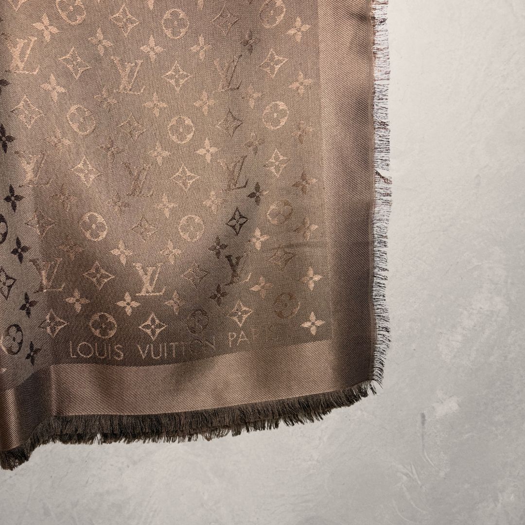 Louis Vuitton brown monogram 60% silk/ 40% wool fringe scarf -145x145cm