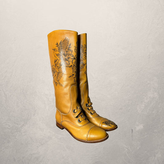 Vintage yellow hand painted leather boots 40- By MARRART