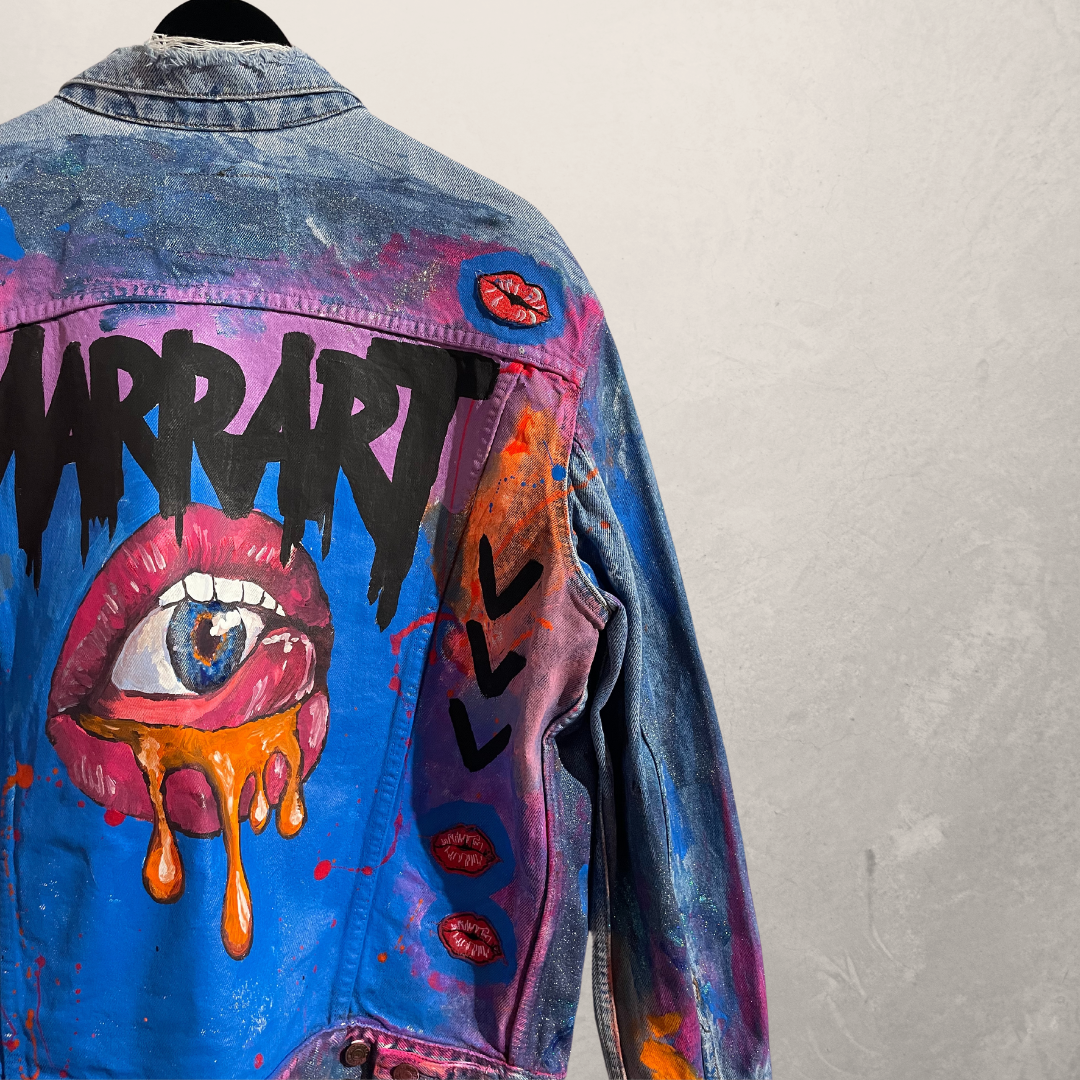 MARRART red lips oversized painted denim jacket XL- by @M.a.r.r.art