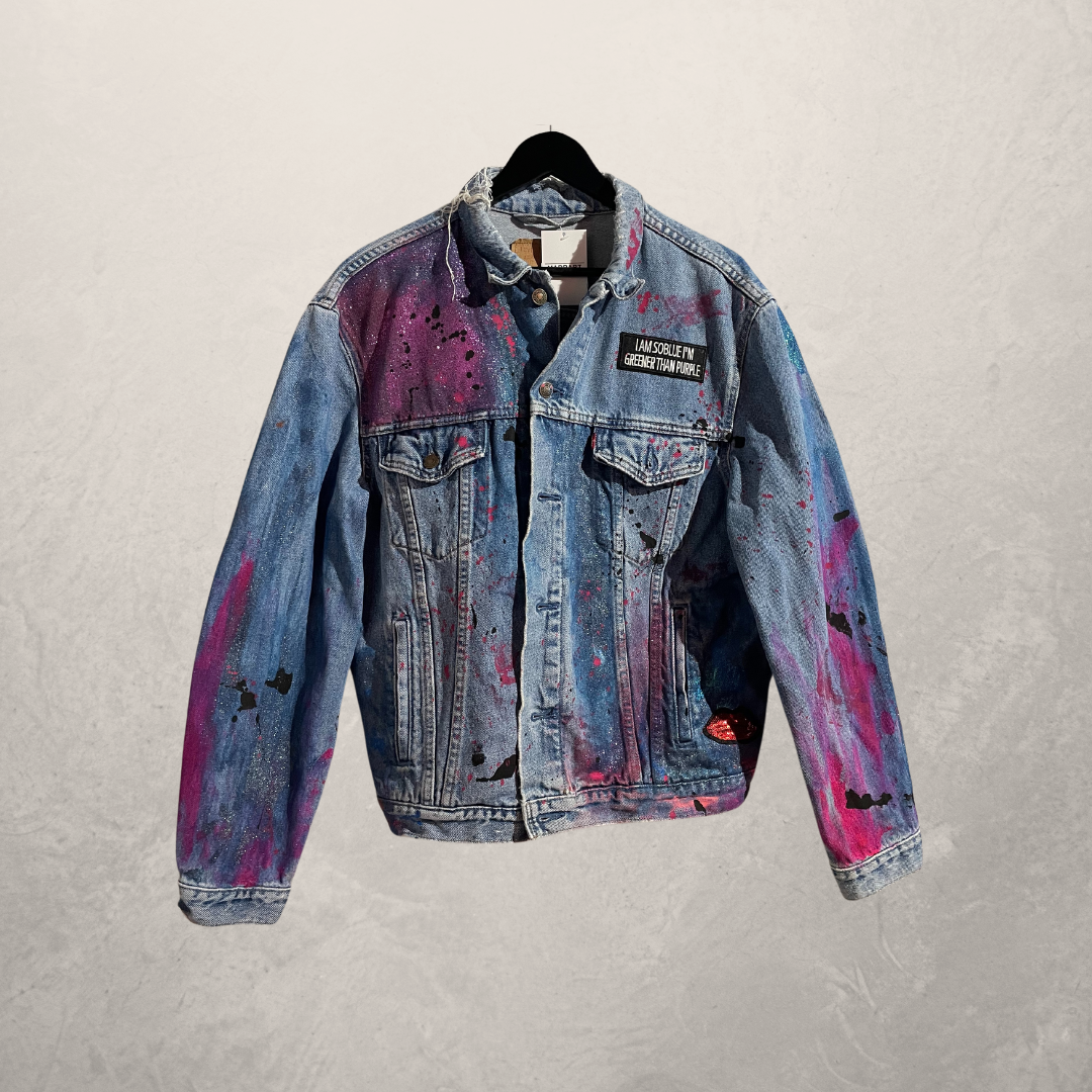 MARRART red lips oversized painted denim jacket XL- by @M.a.r.r.art