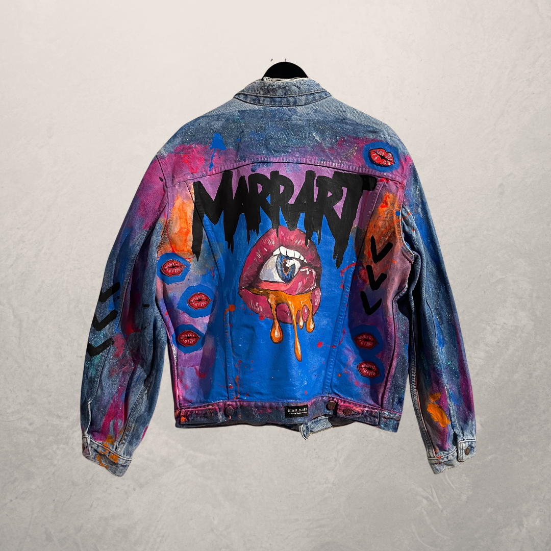 MARRART red lips oversized painted denim jacket XL- by @M.a.r.r.art