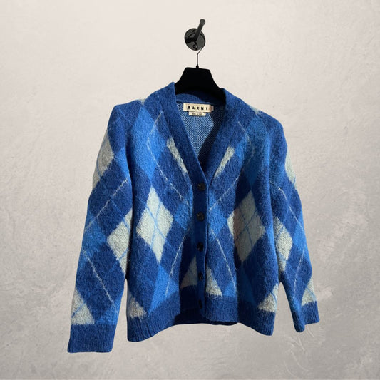 Marni wollen blauw geruit vest met lange mouwen en v-hals M/L