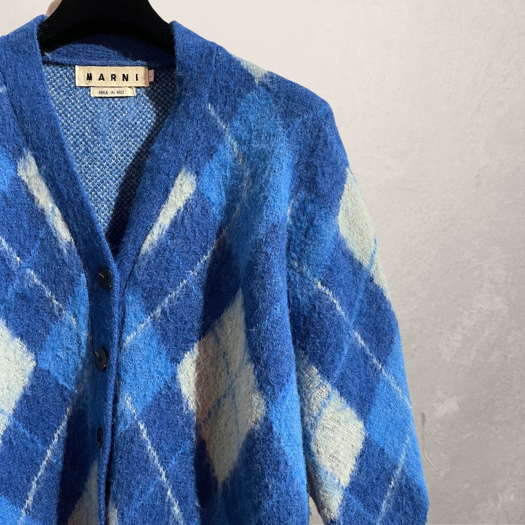 Marni wool blue plaid print long sleeve v neck cardigan M/L