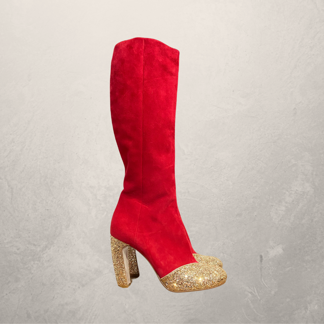 Miu Miu red velvet glitter toe knee high boots 42