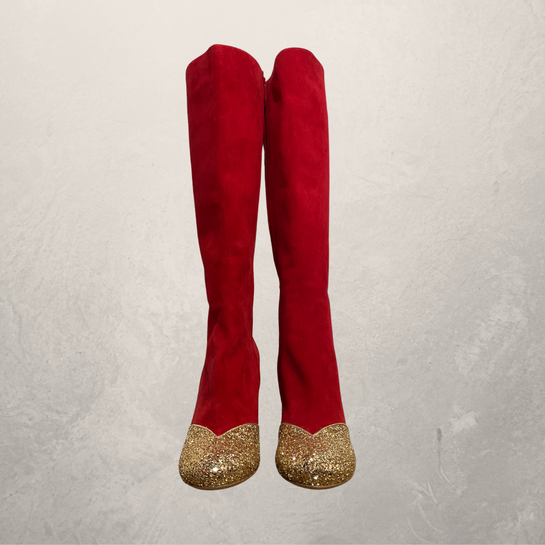 Miu Miu red velvet glitter toe knee high boots 42