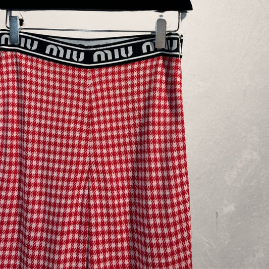Miu Miu rood/wit geruit wolmix gebreide broek met logo tailleband M