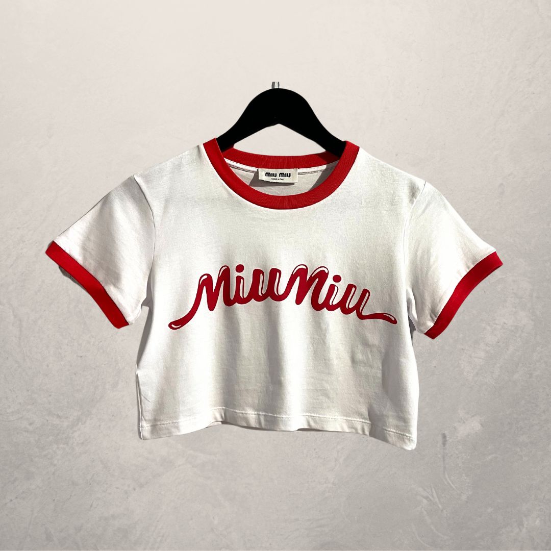 Miu Miu witte en rode crop-top met jersey-logo XS