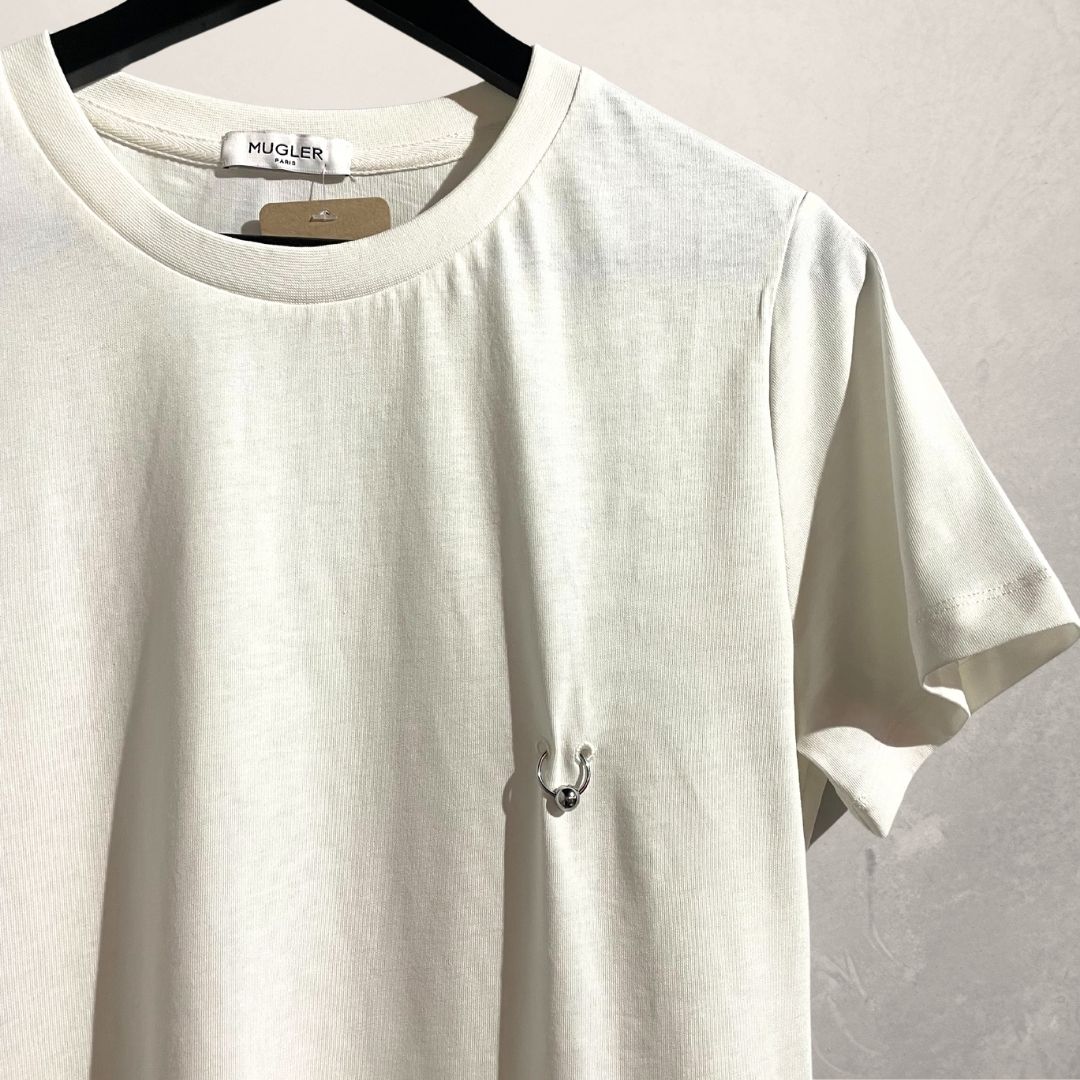 Mugler white silver nipple piercing t shirt S/M