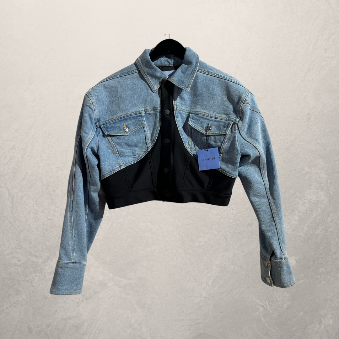 Mugler x H&M light blue defined-waist denim crop jacket L