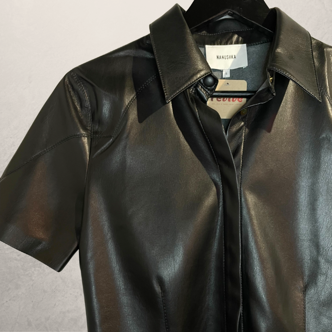 Nanushka black vegan leather short sleeve shirt S