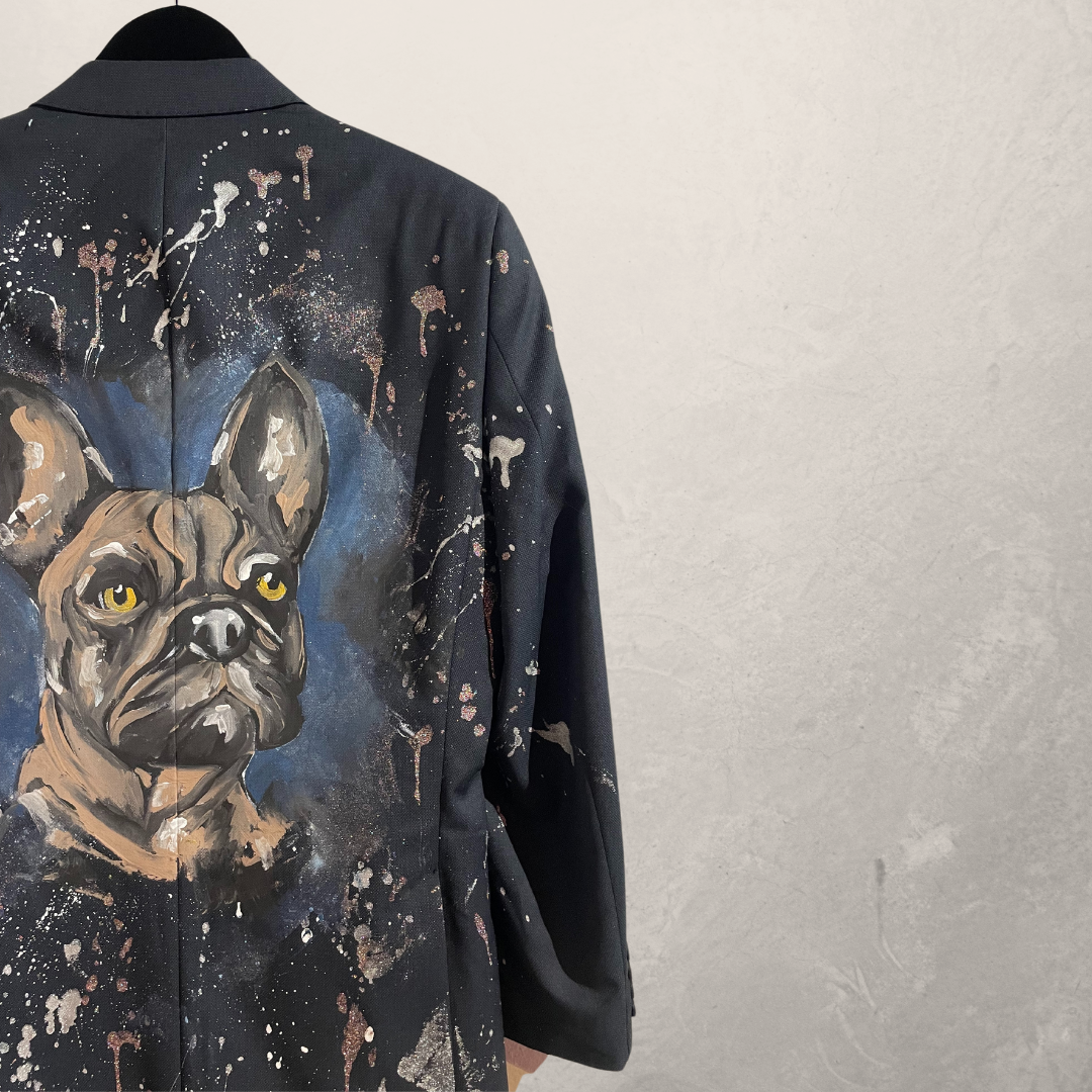 Navy pug painted blazer M- by @M.a.r.r.art