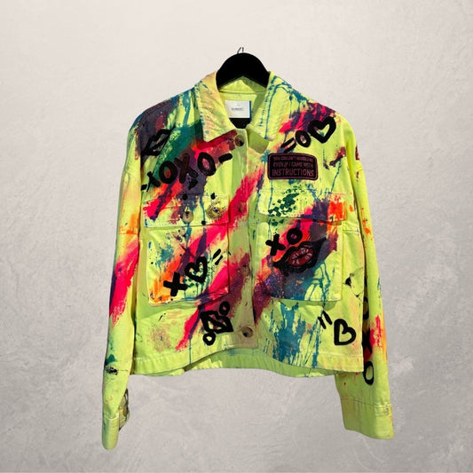 Neon dream yellow crop denim jacket Small- by M.a.r.r.art