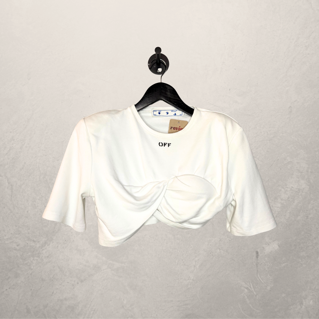 Off White witte croptop met logo en gewatteerde schouders S