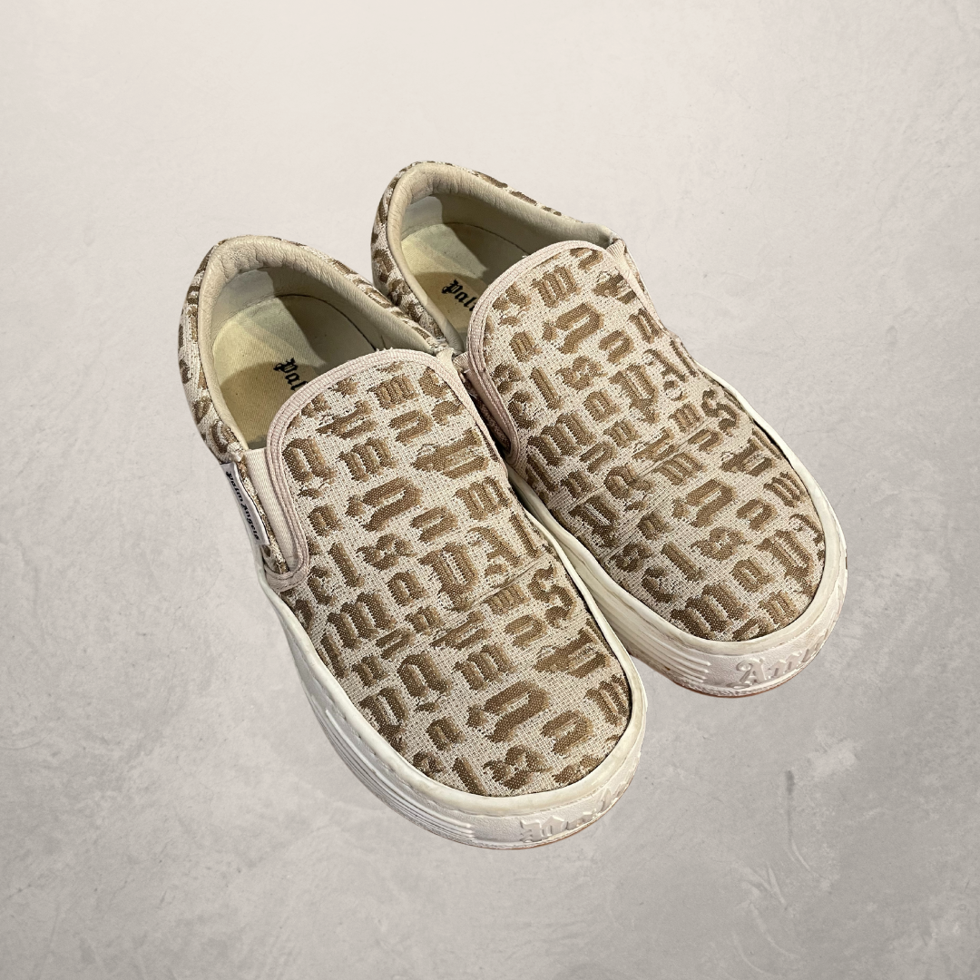 Palm Angels beige logo print cotton canvas slip on sneakers 39