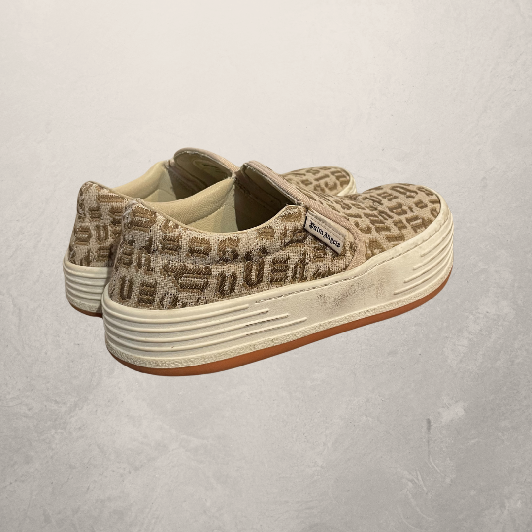 Palm Angels beige logo print cotton canvas slip on sneakers 39