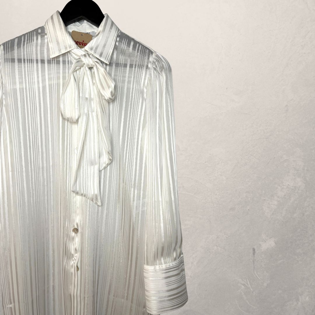 Parah white silk silver stripe sheer blouse 36