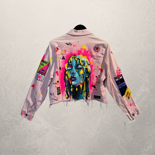 Pink face painted crop denim jacket Small- by M.a.r.r.art