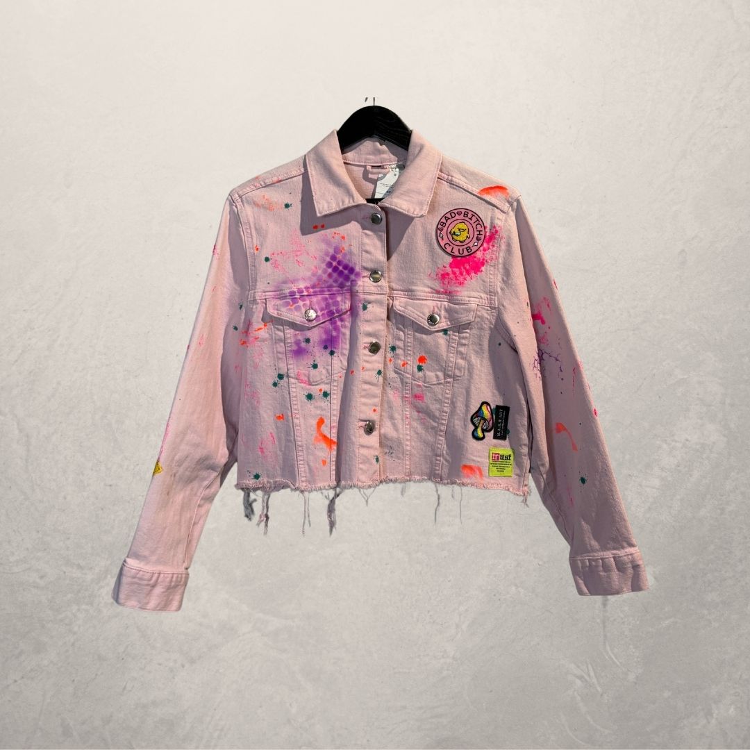 Pink face painted crop denim jacket Small- by M.a.r.r.art