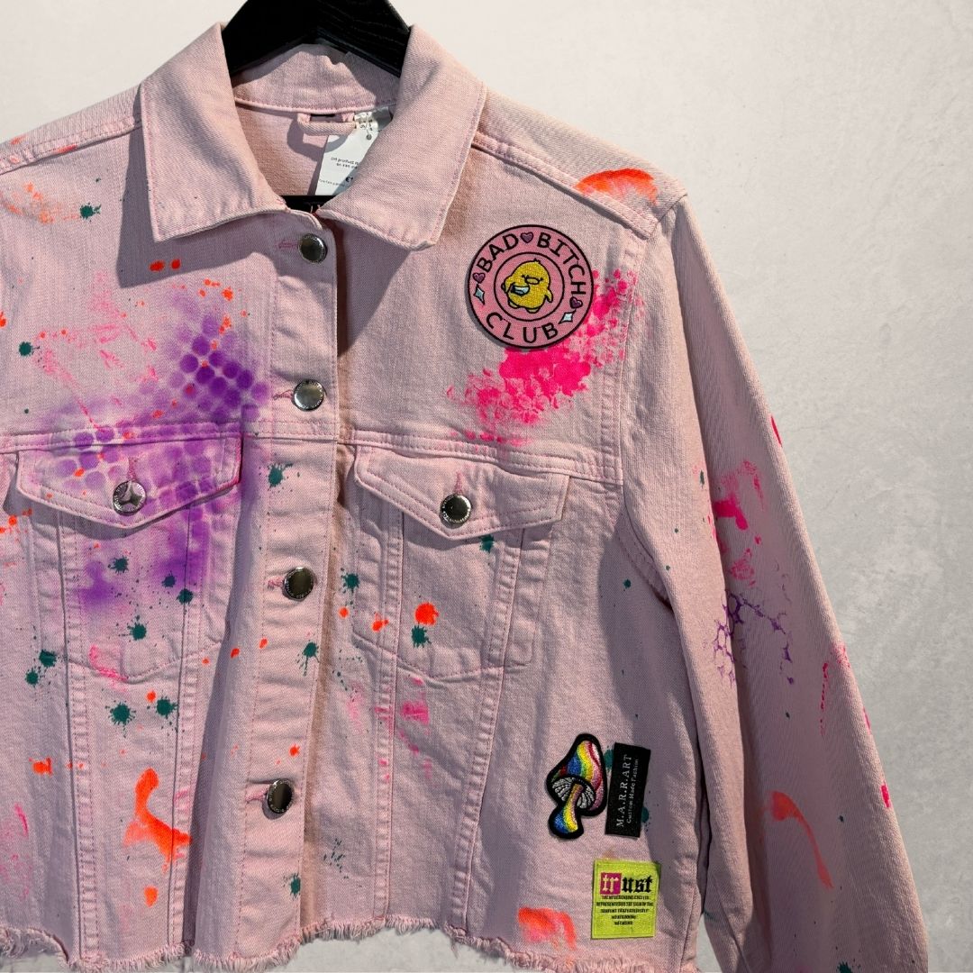 Pink face painted crop denim jacket Small- by M.a.r.r.art