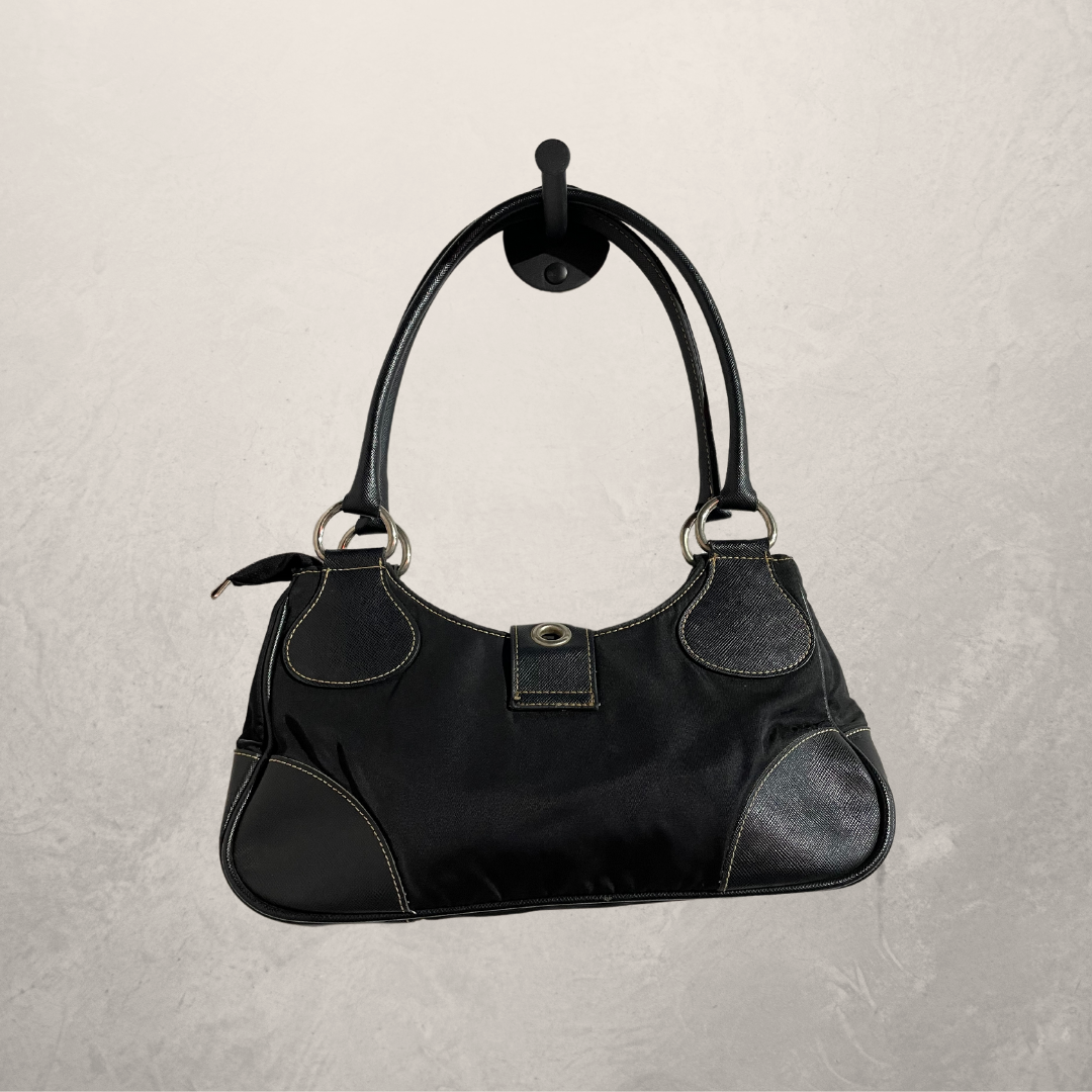 Prada black leather and nylon belted shoulder bag- Velvet Archive