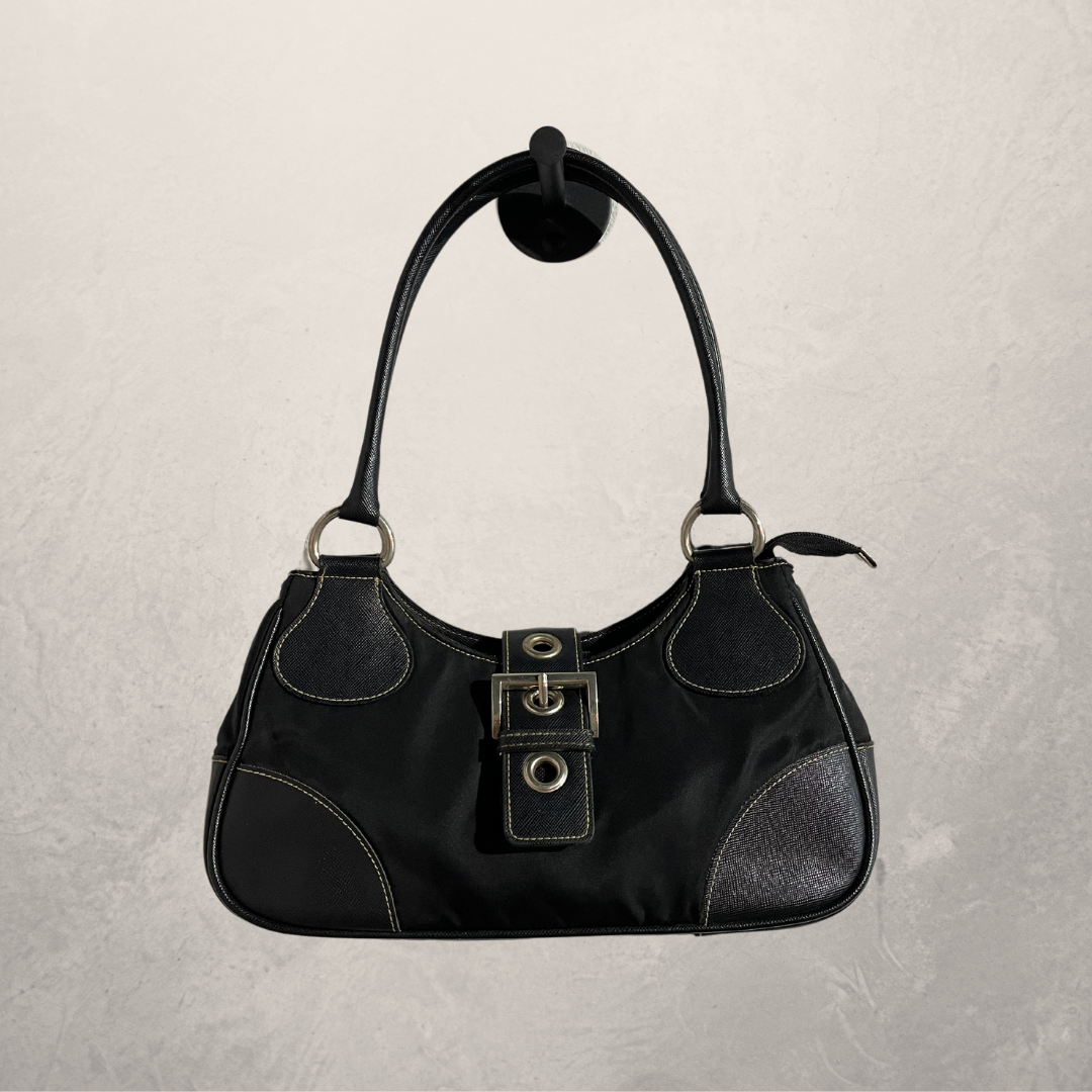 Prada black leather and nylon belted shoulder bag- Velvet Archive