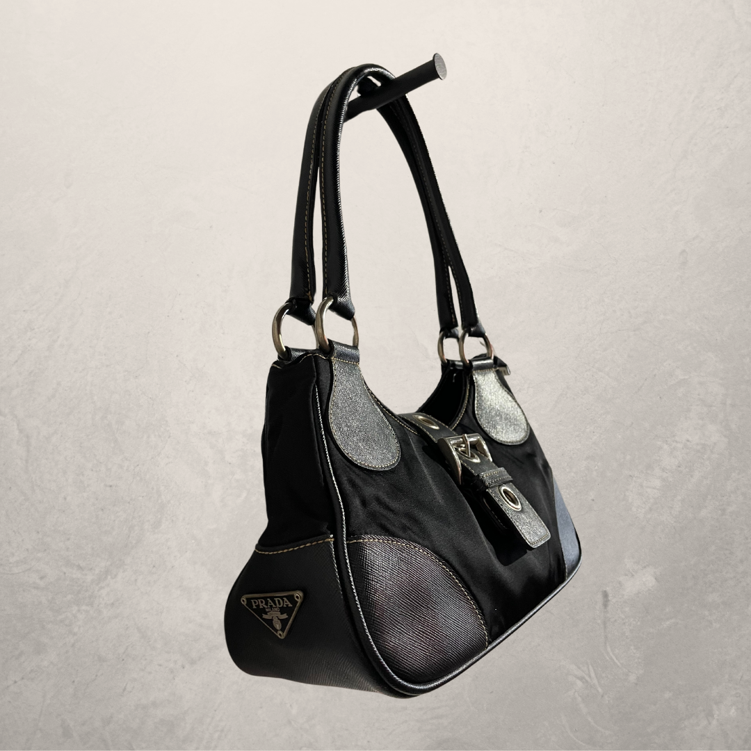 Prada black leather and nylon belted shoulder bag- Velvet Archive